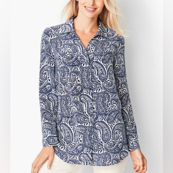 Talbots Navy and White Silk Paisley Shirt Hidden Button Front Sz S - Picture 1 of 12